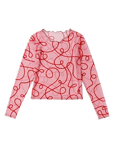 Uneune See-Through Round Neck Tops (Pink × Red)